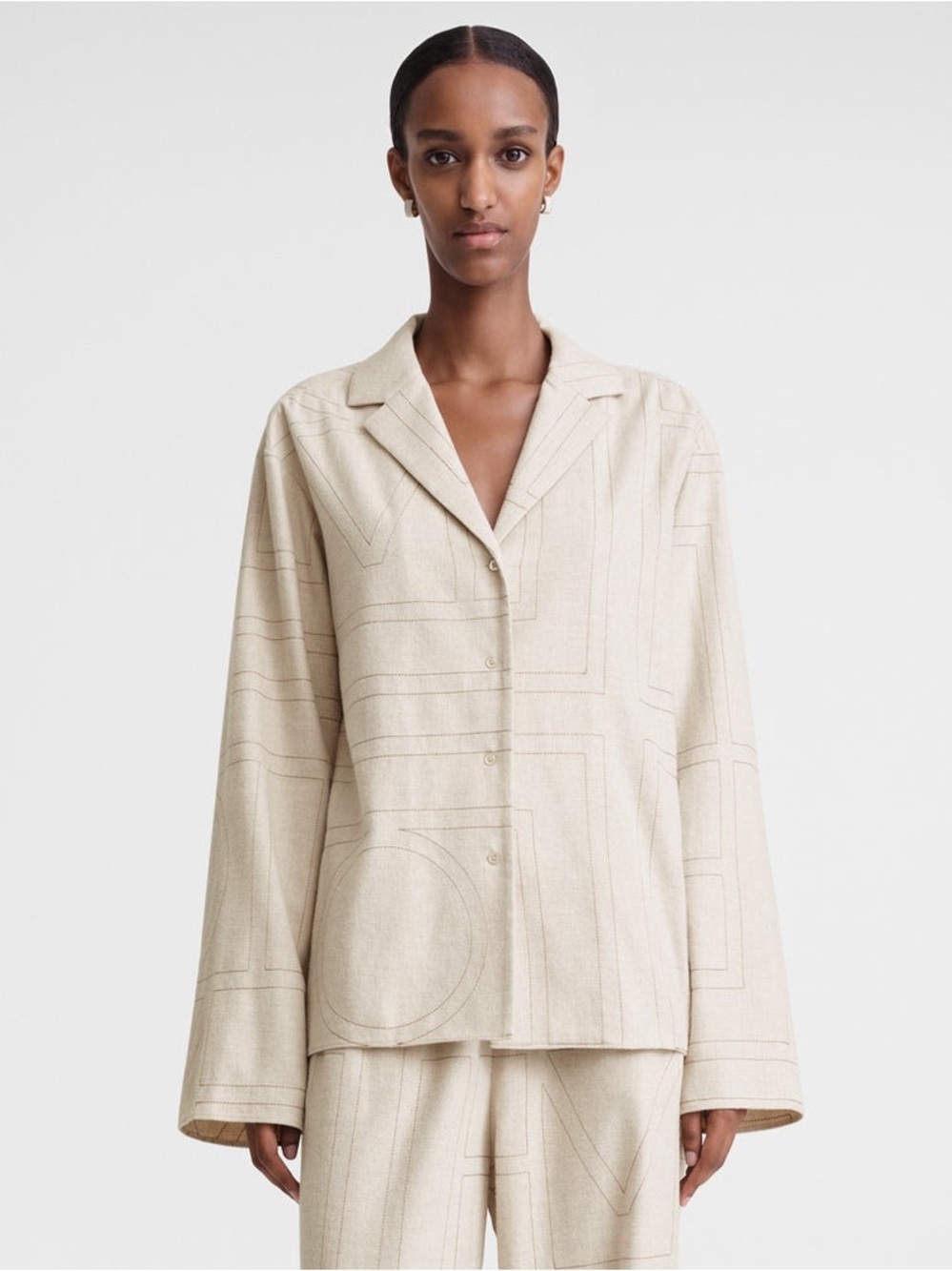 TOTEME Monogram Flannel PJ Top in Light Beige Melange